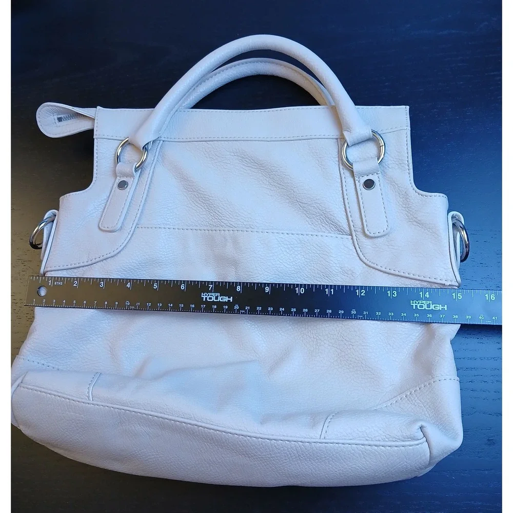 Dana Buchman Cream Pebbled Vegan Leather Satchel Tote Handbag Silver Hardware